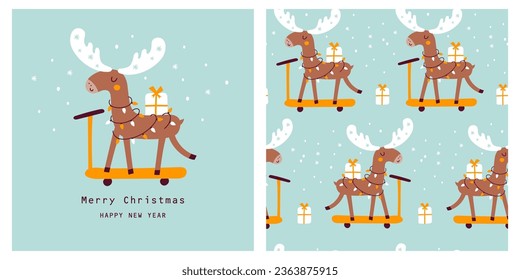 Christmas card with cute moose. Vector illustrations