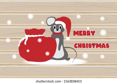 Christmas card with a cute mouse and a bag with gifts, falling snow, on a wooden background. Vector illustration