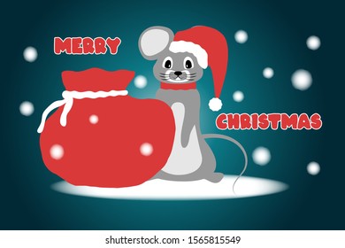 Christmas card with a cute mouse and a bag with gifts, falling snow, dark background. Vector illustration