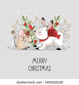 Christmas card with a cute mouse, bunny and festive elements. Vector illustration.