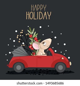 Christmas card with a cute mouse and festive elements. Vector illustration.