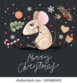 Christmas card with a cute mouse and festive elements. Vector illustration.