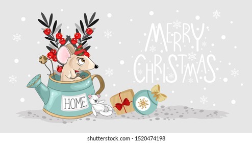 Christmas card with a cute mouse and festive elements. Vector illustration.