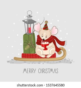 Christmas card with a cute mouse and festive elements. Vector illustration.