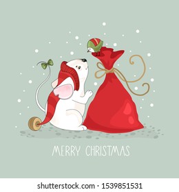 Christmas card with a cute mouse and festive elements. Vector illustration.