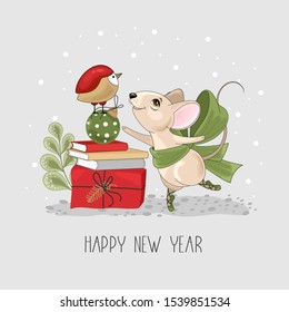 Christmas card with a cute mouse and festive elements. Vector illustration.