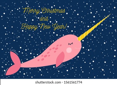 Christmas card with the cute narwhal