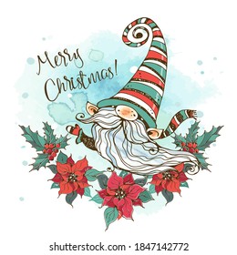 Christmas card with a cute Nordic gnome with a wreath of Poinsettia flowers. Watercolors and graphics. Doodle style.