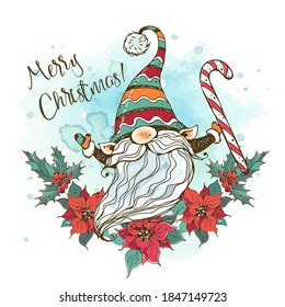 Christmas card with a cute Nordic gnome with a large Lollipop in a frame with a wreath of Poinsettia flowers. Watercolors and graphics. Doodle style.