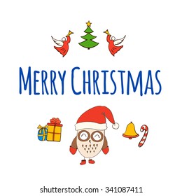 Christmas Card with cute owl. Vector EPS10 illustration. 