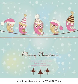 Christmas card with cute owls in winter hats sitting on wires. Cartoon style. 