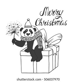 Christmas card with cute panda bear. Hand drawn vector illustration for poster, print on clothes. Design winter sketch elements with funny panda and gift.