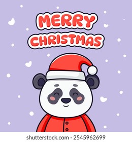 Christmas card with cute panda dressed in Santa Claus costume. Vector illustration in cartoon style