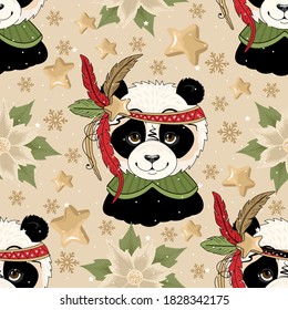 Christmas card with cute Panda and festive elements. Vector illustration. Winter holiday card with 
calligraphic and hand-drawn design elements.