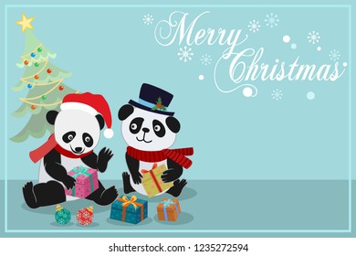 Christmas card with cute panda and gift