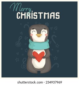 Christmas card with cute penguin