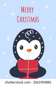 Christmas card with Cute penguin animal. Hand drawn characters. Penguin holding a gift box. Merry Christmas lettering. Greeting flyers. Vector illustration.