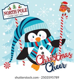 Christmas card with cute penguin and candy cane