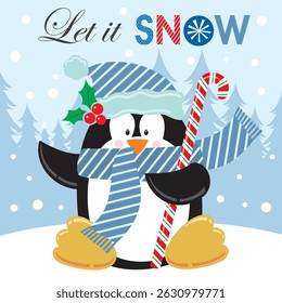 Christmas card with cute penguin and candy cane