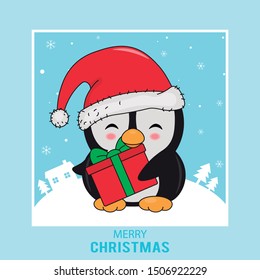 Christmas card. Cute penguin with a gift in hands