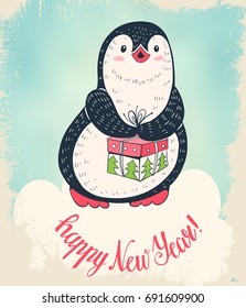 Christmas card. Cute penguin with a gift.  Hand-drawn illustration. Vector.