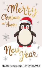 Christmas card with cute penguin. Gold lettering. Vector illustration for New year invitation, postcard and banner