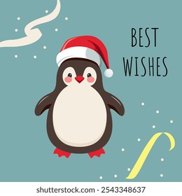 Christmas card with cute penguin. Happy celebrate xmas tag. Childish holiday greeting card. Hello winter