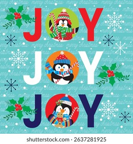 Christmas card with cute penguin and joy