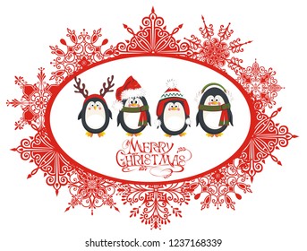 Christmas card with cute penguins