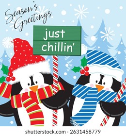 Christmas card with cute penguins