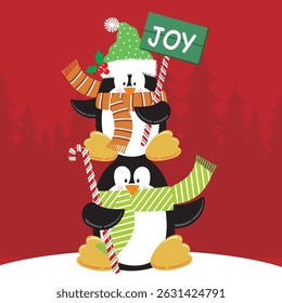 Christmas card with cute penguins and joy