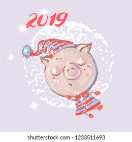 Christmas card. Cute pig on snow or flying , New year 2019 design
