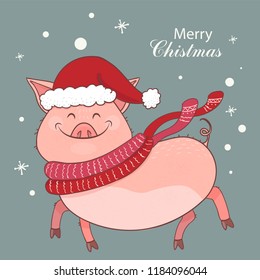 Christmas card with a cute pig. Symbol of the year 2019. Piggy is dressed in a new-year hat and warm red scarf. Vector illustration for your design