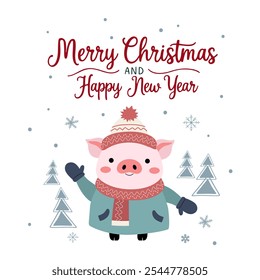 Christmas card with cute pig. Winter animal illustration. Christmas character. Simple flat style