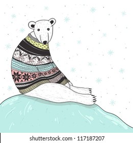 Christmas card with cute polar bear. Bear with fair isle style sweater.