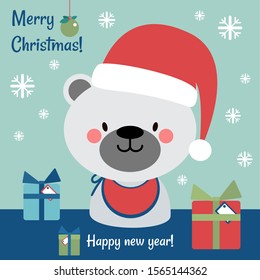 Christmas card with Cute polar bear,  gifts and snowflakes on a blue background. Happy new year! Greeting flyer. Cartoon illustration. - Vector