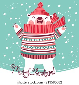 Christmas card with cute polar bear. Vector illustration.