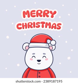 Christmas card with cute polar bear dressed in Santa Claus costume. Vector illustration in cartoon style