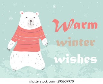 Christmas card with cute polar bear in sweater. Warm winter wishes card design.  Vector illustration.