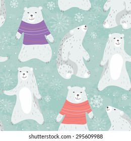 Christmas card with cute polar bear in sweater. Warm winter wishes card design.  Vector illustration.