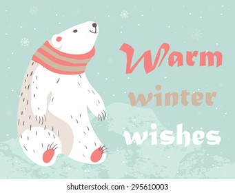 Christmas card with cute polar bear in sweater. Warm winter wishes card design.  Vector illustration.