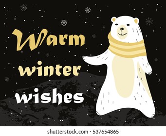 Christmas card with cute polar bear in scarf. Warm winter wishes card design. Vector illustration.