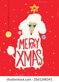 Christmas card with cute poodle dog drawing against a red background and a Merry Christmas hand drawn font.