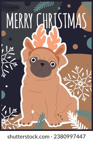 Christmas card with a cute pug dog and winter elements. Vector illustration in trendy colors.