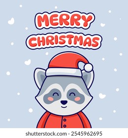 Christmas card with cute raccoon dressed in Santa Claus costume. Vector illustration in cartoon style