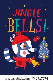 Christmas card with a cute raccoon on a dark background. Jingle bells! Childish vector illustration.