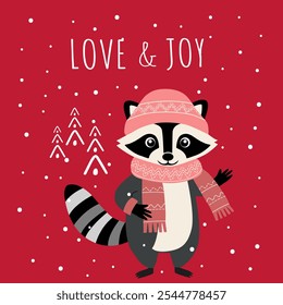 Christmas card with cute raccoon. Winter animal illustration. Christmas character. Simple flat style