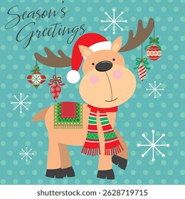 Christmas card with cute reindeer and baubles