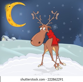 Christmas card with cute reindeer cartoon 