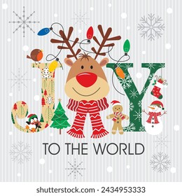 Christmas card with cute reindeer and joy to the world